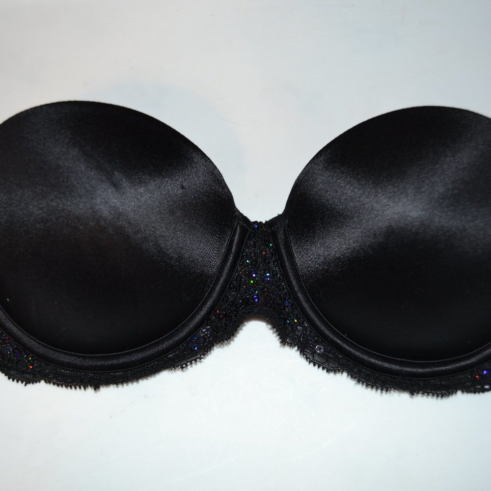 LOVE PINK Victoria's Secret black strapless sequin multi-way push up bra 36A EUC